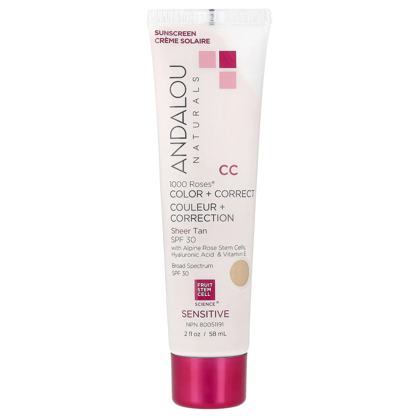 Andalou Naturals 1000 Roses®, Color + Correct, Sensitive, SPF 30, Sheer Tan, 2 fl oz (58 ml) | HSA/FSA Eligible