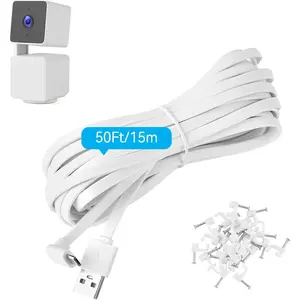 50FT Power Extension Cable Compatible with WYZE Cam Pan V3, USB to 90 Degree L-Shaped Flat Power Cord (White)