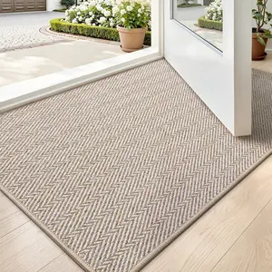 Ultra Thin 24"x36" Indoor Entrance Door Mat, Non Slip Low Profile Entryway Doormat, Unique Herringbone Design Carpet for Inside, Patio, Porch, Beige