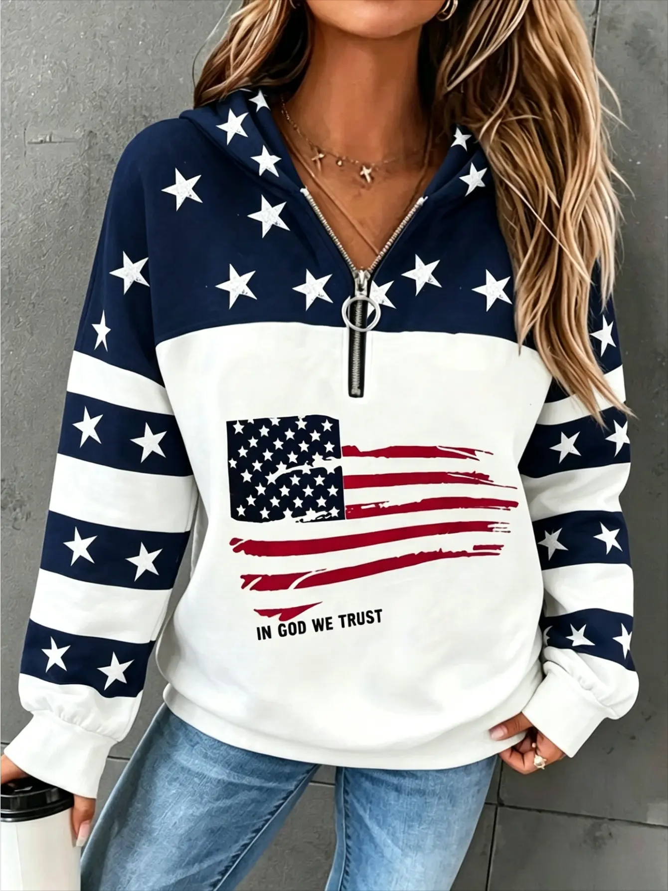 *USA Flag Women's Patriotic Sweatshirt | Striped Zip Pullover Long Sleeve Tops Womenswear Zippers Casual Soft Fabric Hoodie White Proud