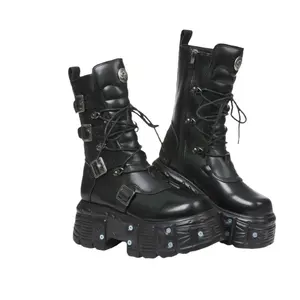 Black Leather Women's Combat Platform Biker Goth Metal Shoes