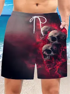 Men's oversized beach shorts, made of 100% polyester fabric, featuring 3D skull pattern, quick-drying material, casual style, with drawstring design, random patterns, regular fit, suitable for summer beach surfing, oversized size