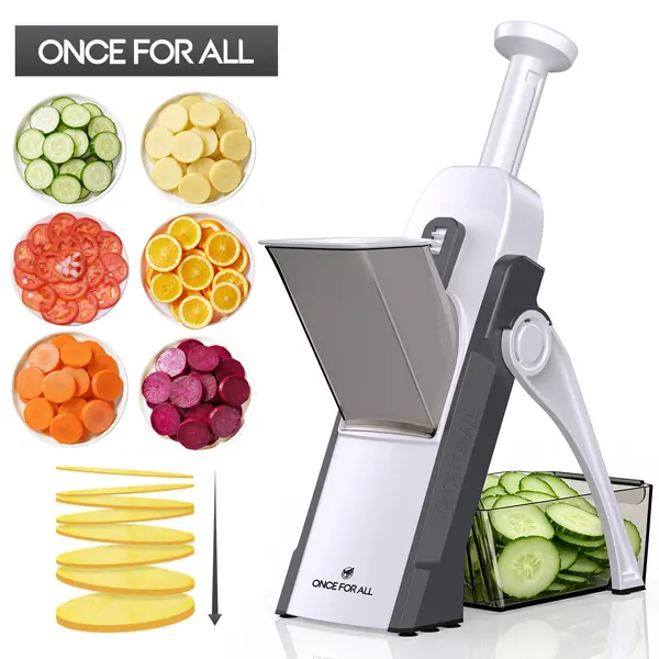 ONCE FOR ALL Safe Mandoline Slicer 5 in 1 Vegetable Chopper Food Potato Cutter, Strips Julienne Dicer Adjustable Thickness 0.1-8 mm Kitchen Chopping Artifact Fast Meal Prep (Gray)