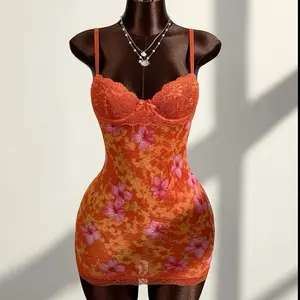 Women's Mesh Floral Print Contrast Lace Bow Camisole Nightgown