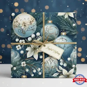 Blue Christmas Wrapping Paper: Elegant Floral Ornaments Gift Wrap