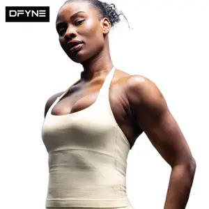 2026 DFYNE Seamless Halter Top – Backless Longline Strappy Padded Gym Top with Built-in Bra & Removable Cups for Women Yoga Workout Activewear