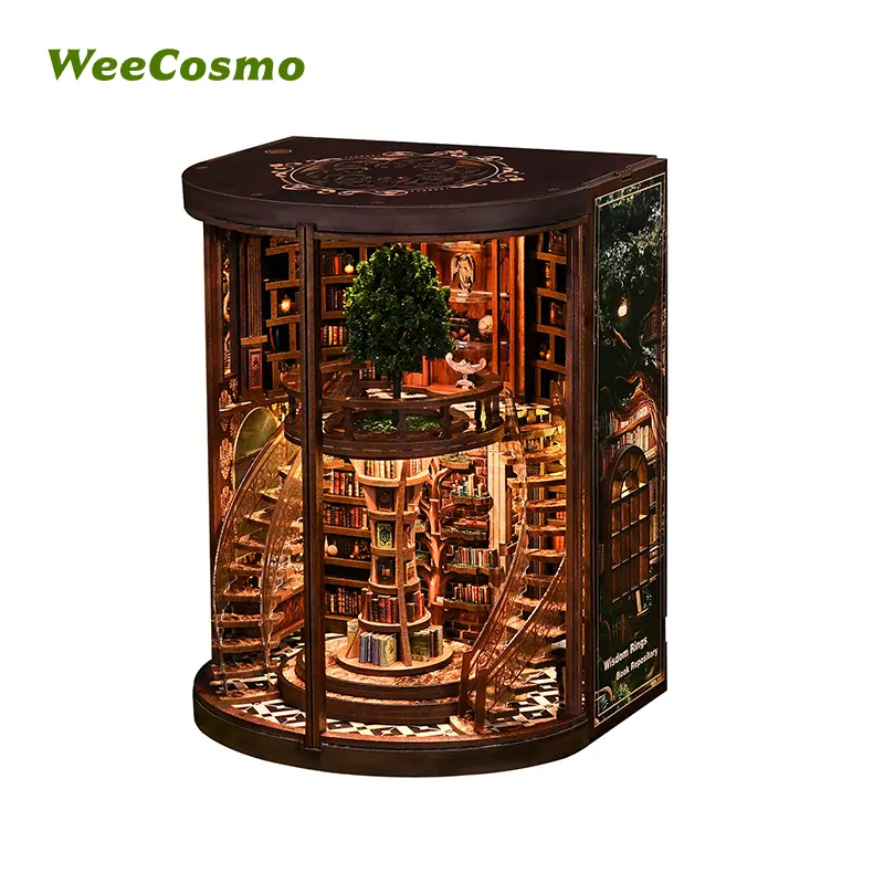 Wisdom Tree Book Repository Wooden Nook Home DIY Model Kit - Hand-Assembled Hardwood Slats Hut, 3D Interactive Puzzle Building with 16 Tiny Books, Acrylic Dust Cover, Beginner-Friendly Handmade Crafts Gift
