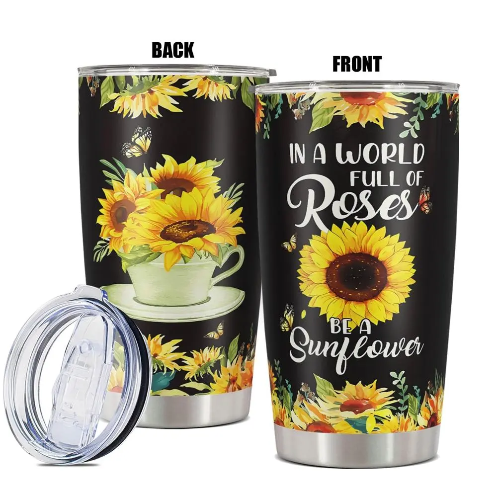 Sunflower Pattern Tumbler, 20oz Insulated Tumbler, Stainless Steel Water Bottle, Drinking Cup for Home Office School, Gift for Sunflower Lover, Drinkware