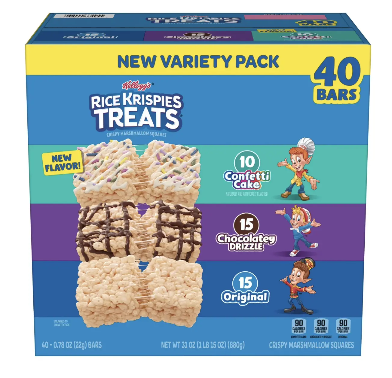 Rice Crispy Treats Squares Snack Bars - Ambient Variety Pack with Crispy Marshmallows, Puffed Rice, 40 Bars Individually Wrapped Single Serve Snacks