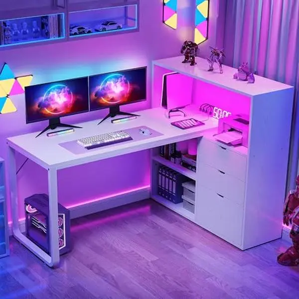 Yitahome L Shaped Desk with Power Outlets & LED Lights & File Cabinet, 55" Corner Computer Desk with 3 Drawers & 3 Storage Shelves, Home Office Desk with Bookshelf