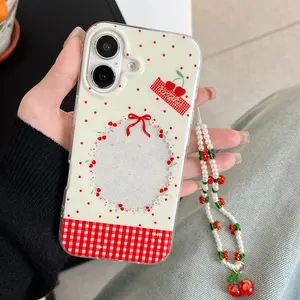 Cherry Pattern Phone Case with Beaded Lanyard, Cute Phone Cases for iPhone 11 12 13 14 15 Pro Max, Cover