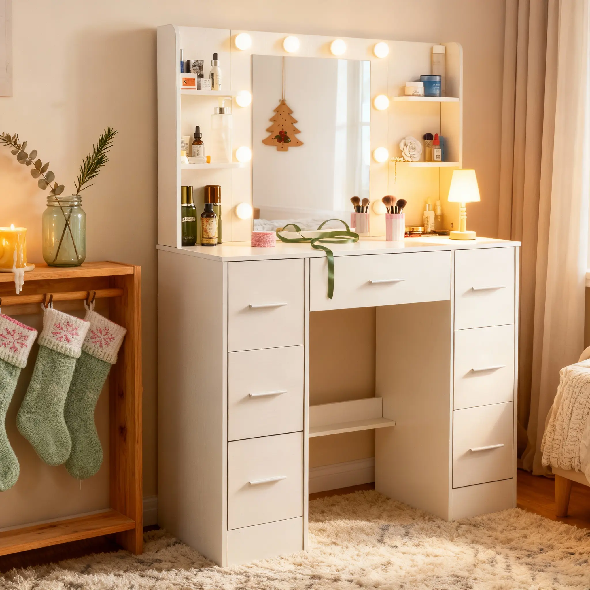 XXL White Makeup Vanity Set - Full-Size Stylish High-Brightness Adjustable Makeup Vanity with LED Light Mirror, 7 Drawers, 6 Shelves, Spacious Tabletop for Bedroom, Dressing Room, Stylish Makeup Vanities