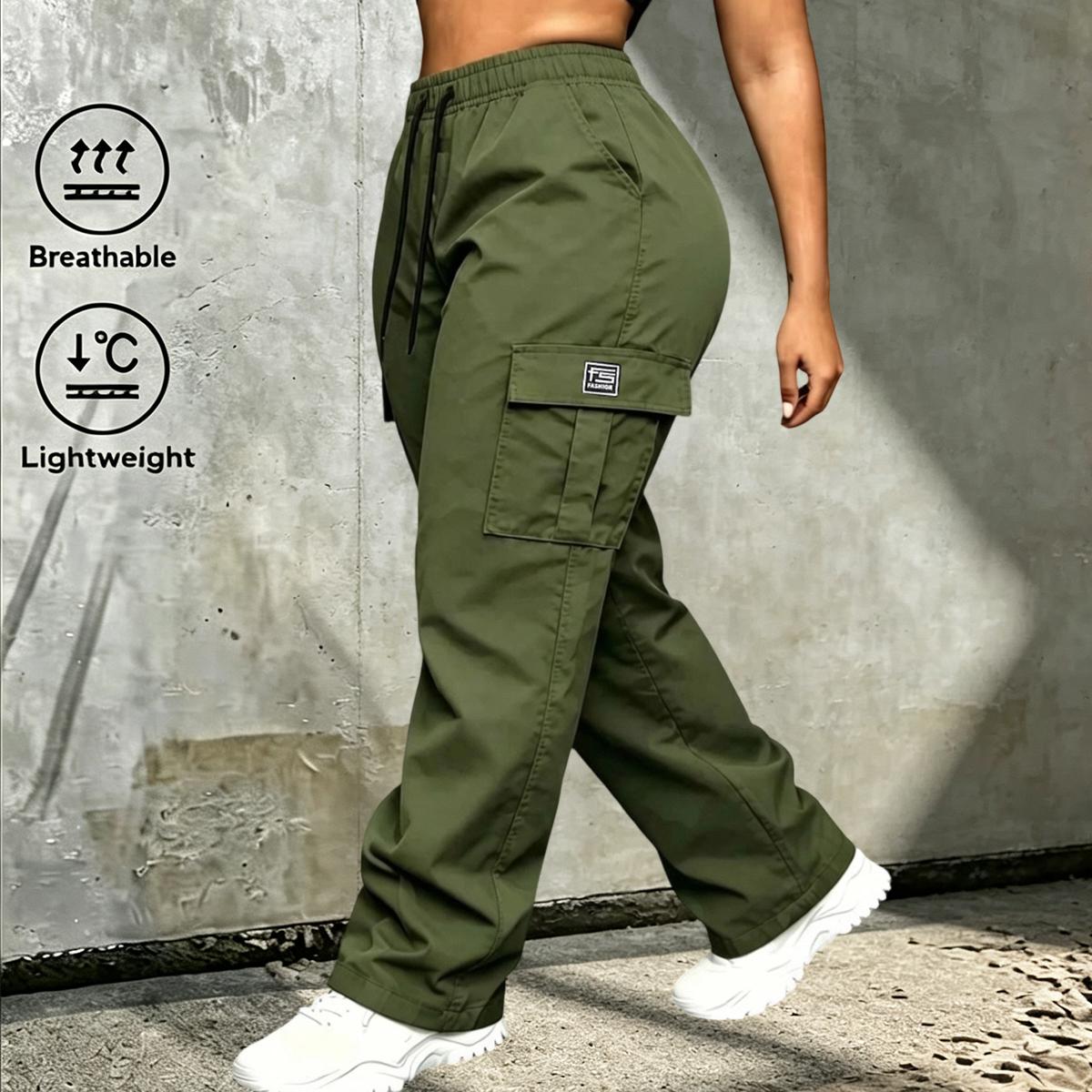 Women’s collegiate-style athletic cargo pants 5-piece set — minimalist basic mid-rise loose wide-leg cargo pants with large flap pockets, suitable for casual outings, year-round wear, and back-to-school shopping.