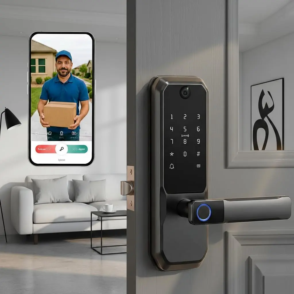 UMIKSMART TUYA WiFi Smart Deadbolt Lock with Handle and Active Video Peephole, Fingerprint Keyless Entry Door Lock for High-End Apartments and Condos, Anti-Peeping PIN, Smart App Remote Access Black
