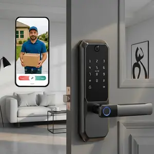 UMIKSMART TUYA WiFi Smart Deadbolt Lock with Handle and Active Video Peephole, Fingerprint Keyless Entry Door Lock for High-End Apartments and Condos, Anti-Peeping PIN, Smart App Remote Access Black