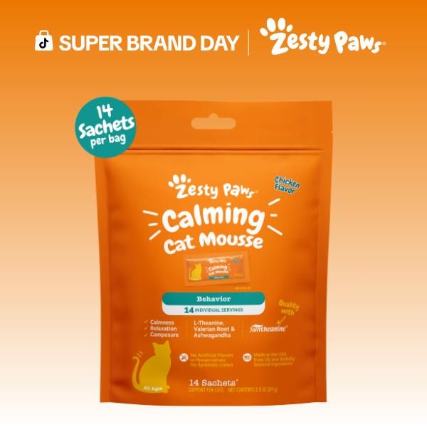 Zesty Paws Calming Cat Mousse - 14 Sachets per Bag with Suntheanine for Calmness Relaxation and Composure in Chicken Flavor Treats Supplements