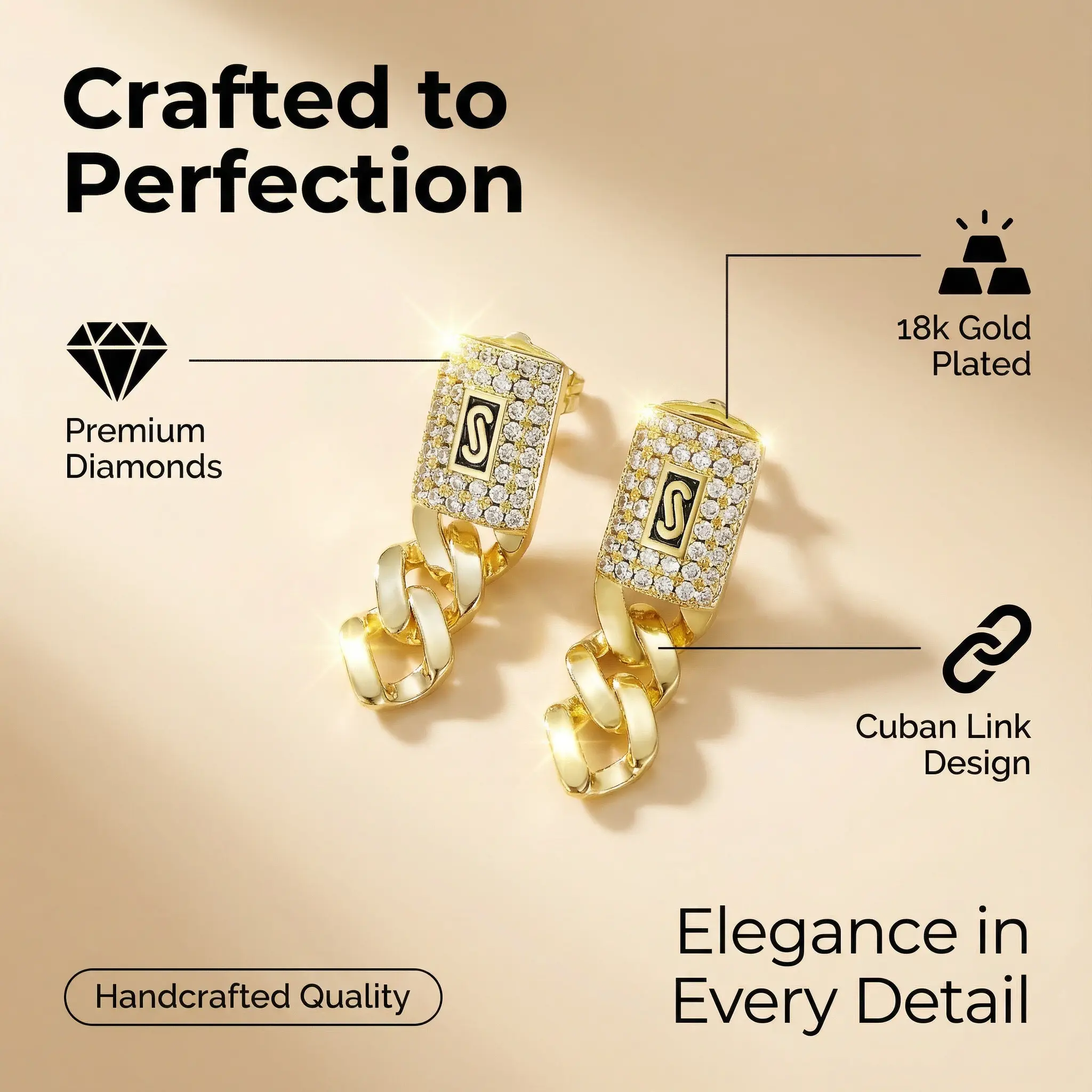 Female Cuban Link Design Drop Earrings - Trendy Brass Jewelry for Trendy Jewelry Lovers, Micro-Zircon Inlaid, Secure Fit S-Clasp, Suitable for Casual, Formal Occasions, Women's, Daily, Elegant, Fashion, Letter, Metal Coating