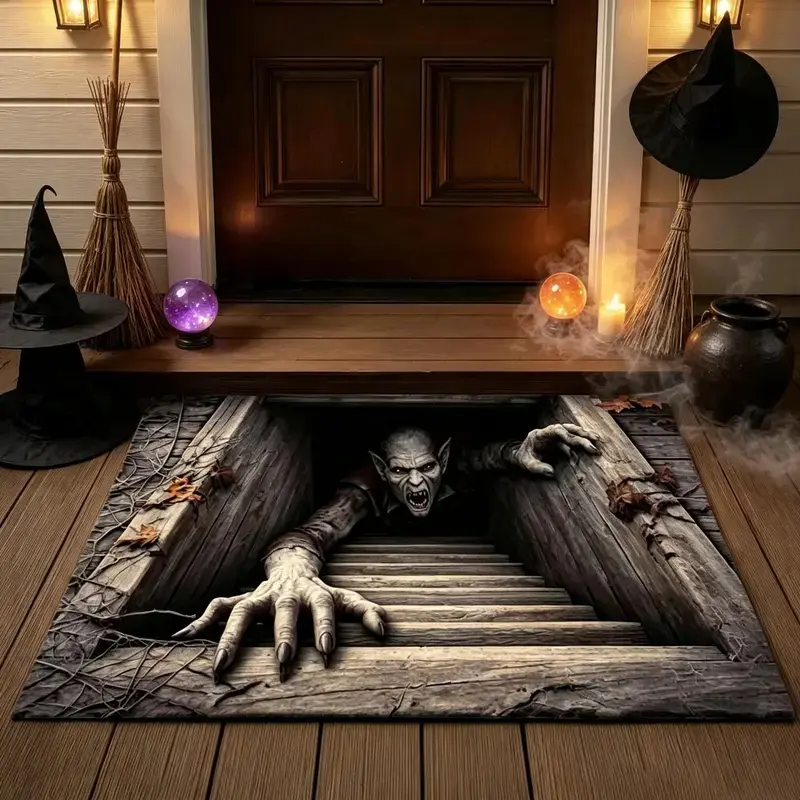 Creepy Halloween Sewer Monster Skull Doormat, 3D Optical Illusion Horror Entry Rug, Non-Slip Rubber Backing Spooky Welcome Mat, Weather Resistant Outdoor Porch Carpet, Trick-or-Treat Haunted House & Halloween Party Floor Decor