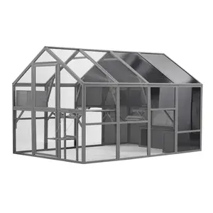 DOMISO Luxury Cat Cage Cat House Outdoor Wooden Catio Enclosure Patio Large Cat Run House for Multiple Pets Walk in Kitten Kennel with Bouncy Bridge