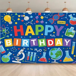 2D Flat Banner, 1pc Vibrant Science-Themed "Happy Birthday" Party Backdrop - Colorful Polyester Fabric with Chemistry & Biology Elements, Ideal for Indoor/Outdoor Celebrations, Photo Booths & Wall Decor, Birthda