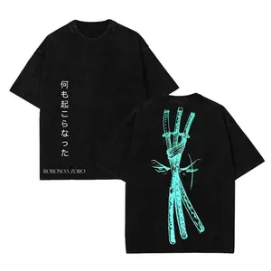 One Piece Zoro Green Vintage Washed Tee Vintage 90s Graphic Unisex Oversize Anime Manga Acid Washed Lightweight Cotton T Shirt Hoodies Fabric Menswear Japanese Crew Neck Tops Black Sleeves White