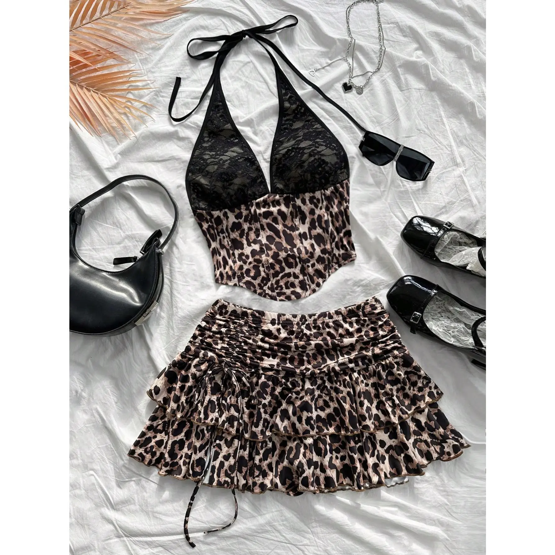 Women's 2-Piece Matching Set - Vintage Lace V-Neck Halter Crop Top & Leopard Print Ruffle Mini Skirt, Crop Tops