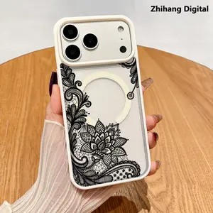 Elegant Black Lace Pattern Phone Case For iPhone 17 Pro Max 17Air 16 Plus 15 14 13 12 11 Hard Transparent Acrylic Back Matte TPU Edges Magnetic Protective Casing Supports wireless charging