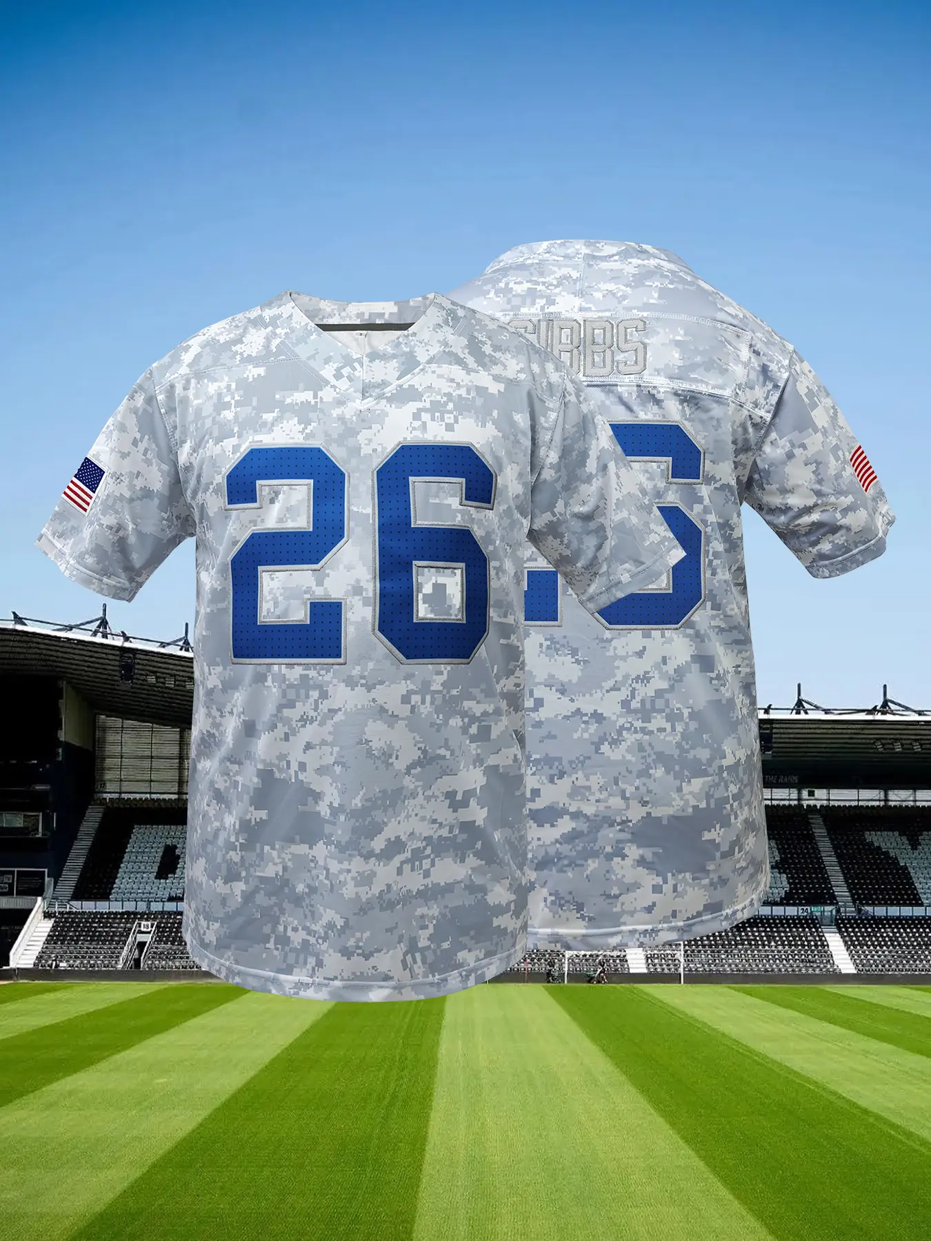 Men's#20 #26 Camo American Football Jersey,Name And Number Embroidered Rugby Jersey, Casual Sports Jersey,Short Sleeve Jersey,Detroit Sports Top Breathable Athletic Tee for Training & Competition Athletic Tops, Athletic Workout Tops, Training Shirt