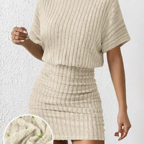 Women's Solid Color Drop Shoulder High Neck Ribbed Dress, Elegant Chic Minimalist Long Sleeve Fitted Short Dress, Summer Casual Basic Wear, Daily Fashion, Womenswear, Bodycon Cut, Bodycon Stretch Dresses