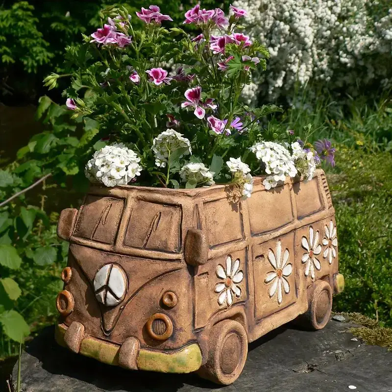 Vintage Hippie Van Design Resin Planter, Creative Flower Pot for Indoor & Outdoor Decor, Versatile Room Accent, Garden Supplies