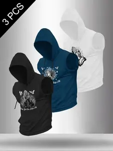 Men's 3-Piece Letter Hand Pattern Print Round Neck Sleeveless T-Shirt Vest, Fashion Versatile Sports Gym Style, Summer Fitness Outdoor Wear