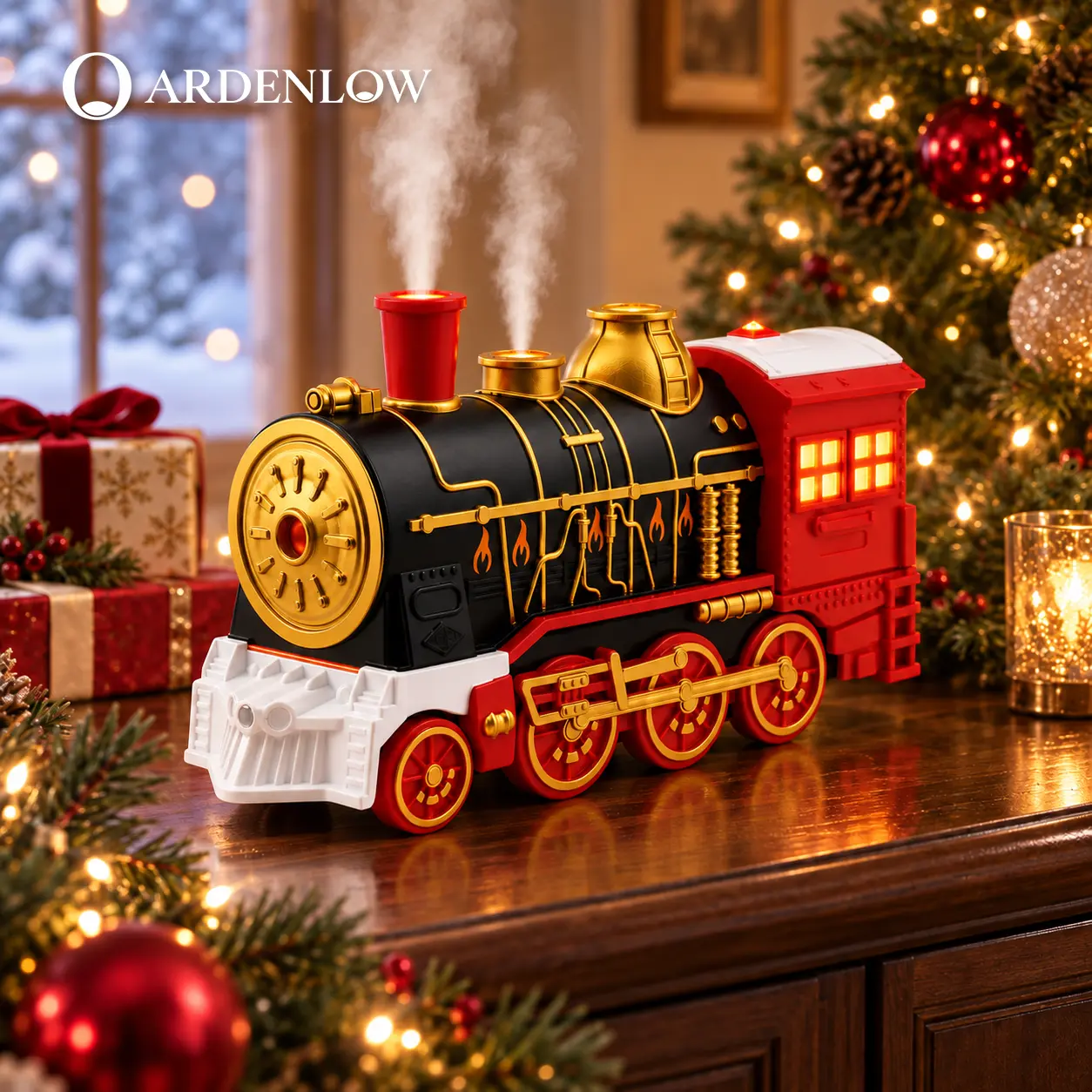 Christmas Steam Train Aroma Essential Oil Diffuser & Humidifier with Remote Control, 2-Color LED Flame Light, 2 Mist Modes, US Plug, Holiday Home Decor Gift