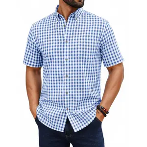 Runcati Mens Plaid Shirt Short Sleeve Button Down Linen Dress Shirt Wrinkle Free Casual Business Summer Work Shirts