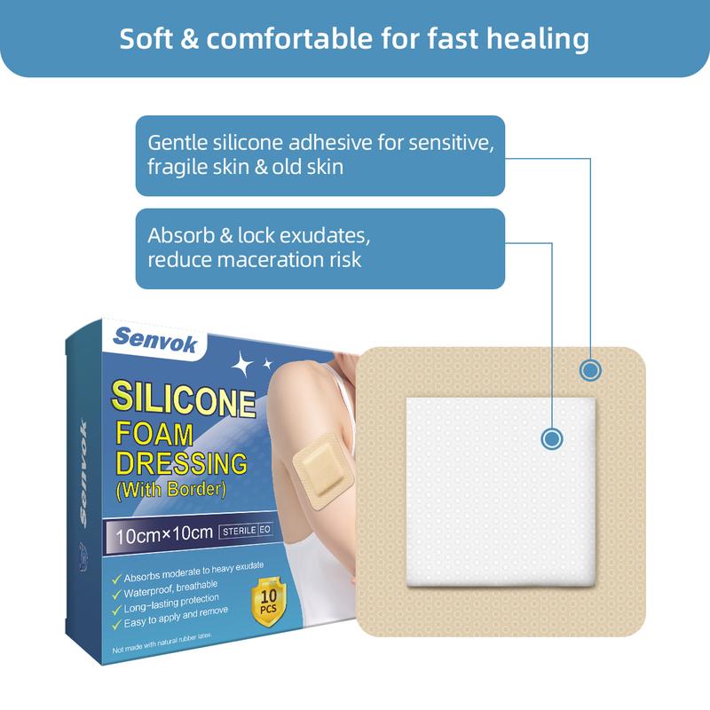Senvok Silicone Adhesive Foam Dressing with Gentle Border 10cm x 10cm 10 Pack High Absorbency Waterproof Breathable Wound Bandage for Bed Sore Leg Ulcer Foot Diabetic Ulcer