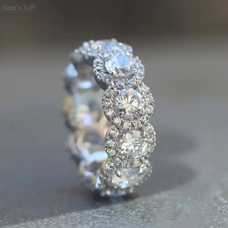 Female Stackable Silver-Plated Light Luxury Vintage Halo Ring - Round Cubic Zirconia Full Eternity Paved Band, Viral Niche Costume Jewelry for Daily Wear, Gifting