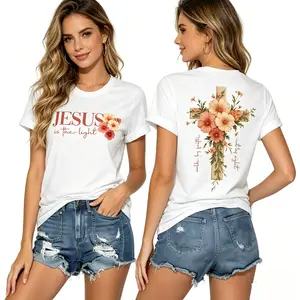Christian Floral Cross T-Shirt - 'Jesus Is The Light' Walk By Faith Graphic Tee, Ideal Gift for Believers, Faithful Apparel & Baptism PLK0142