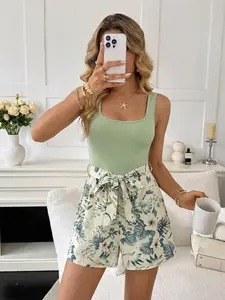 Urban Fashion Women's French Style Floral Belted Bodycon Jumpsuit, Sleeveless, Tropical Plant Print, High Waist Bow Tie, Beach Vacation, Daily