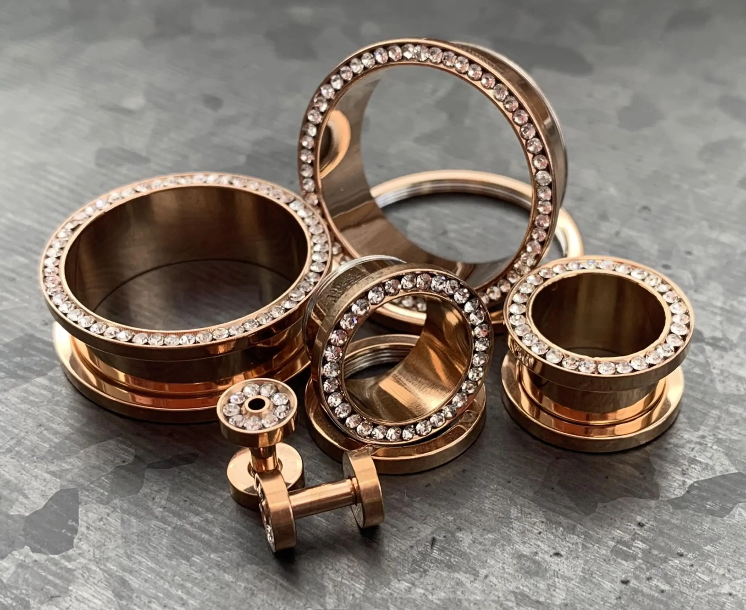 PAIR of Stunning Rose Gold PVD plated CZ Gem Rimmed Tunnels/Plugs - Gauge 2g (6mm) thru 1" (25mm)