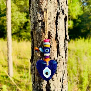 Mini Heart Shape Wall Hanging Evil Eye with Wood Beads Nazar Boncuk Mal De Ojo, Modern Boho Style Home Decor, Turkish Gift, Valentine's Day