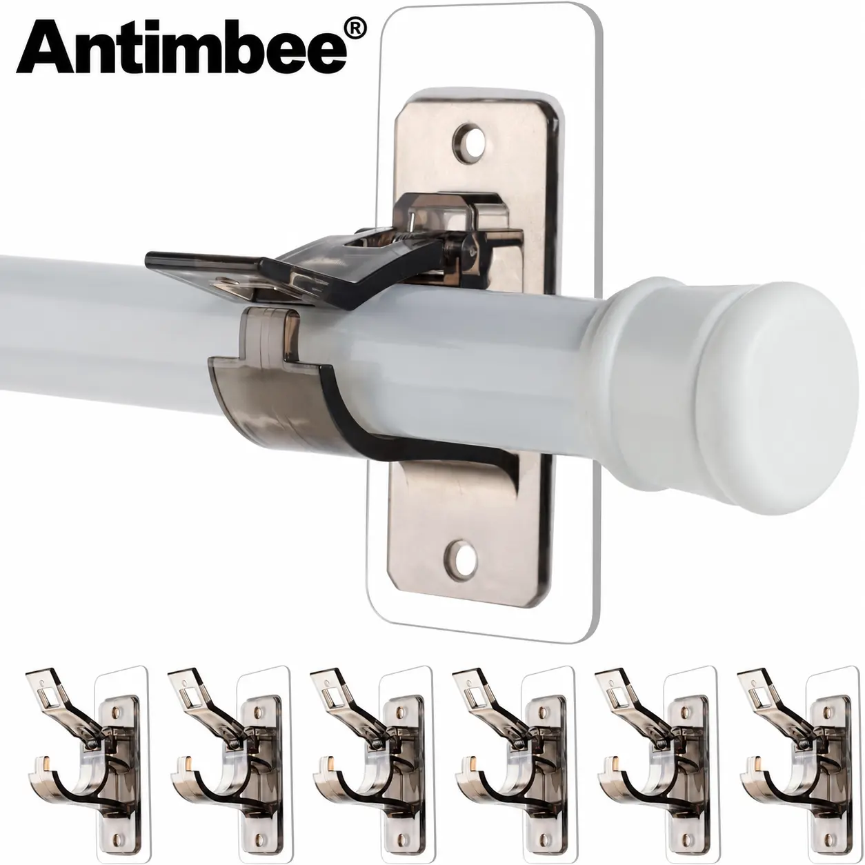 Antimbee 6-Pack Minimalist No-Drill Curtain Rod Holders, Self-Adhesive Smooth Ceramic Hanger Brackets, Nail-Free Stainless Organiser Hooks for Towels, Easy Installation, House Decor - Transparent Black