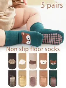 5 Pairs Children Socks Baby Walking Socks Girls Boys Non-Slip Indoor Floor Socks Cartoon Animal Pattern Cute Kids Socks Set