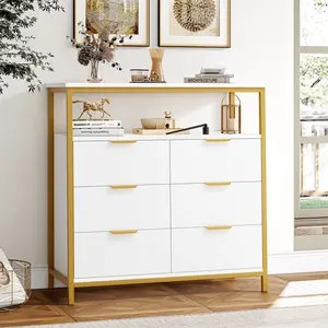 FOTOSOK Modern White & Gold 6-Drawer Dresser with Open Shelf, White Storage Chest with Sturdy Steel Frame,  Storage Cabinet for Living Room & Bedroom