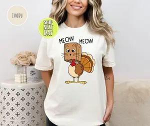 Meow Meow Funny Turkey Thanksgiving T-Shirt, Cat Turkeys T-Shirt, Thanksgiving Cat Tee, Turkey Thanksgiving