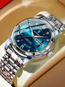 Luxury Men's Watch, 30m Waterproof, Blue Dial, Roman Numerals, Luminous Hands, Silver Color Stainless Steel Band, Business Style Gift, Stainless Steel Watches