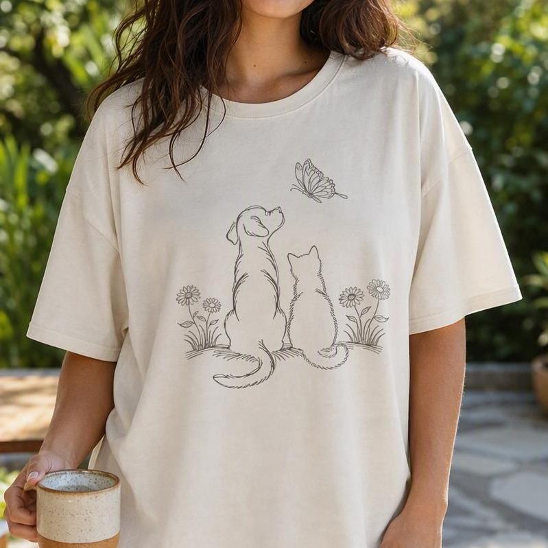 Minimalist Dog and Cat Line Art Women's 100% Cotton Tee Pet Lover Butterfly Graphic Shirt