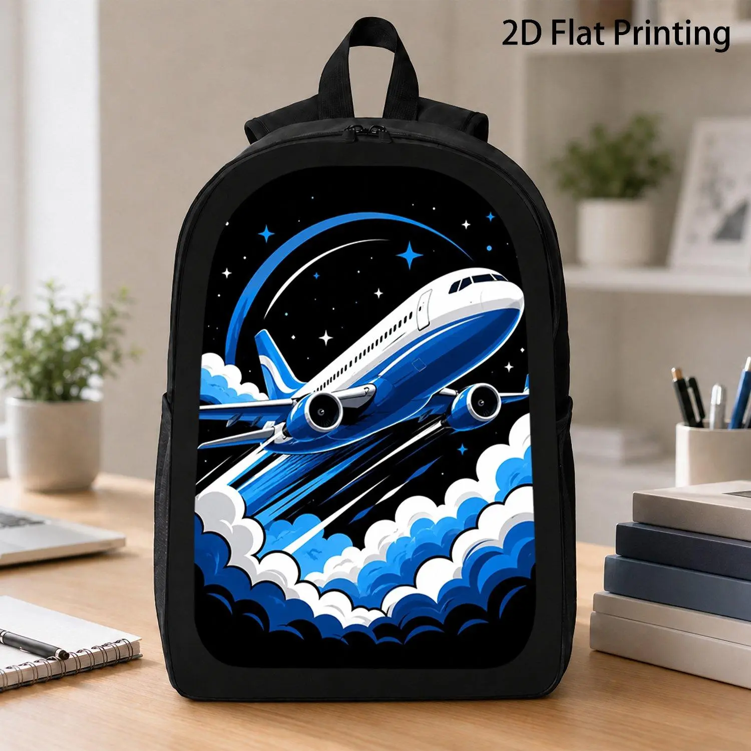 [17 Inch Backpack] 1pc Commercial Airplane Cloud Star Night Sky Graphic Backpack Aviation Aircraft Print Backpack Outdoor Vacation Travel Backpack