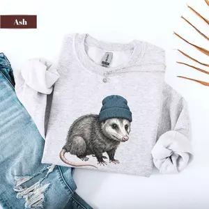 Retro Opossum Wearing Beanie Unisex Sweatshirt, Cute Possum Crewneck, Funny Animal Graphic Sweater, Cozy Unisex Outfit