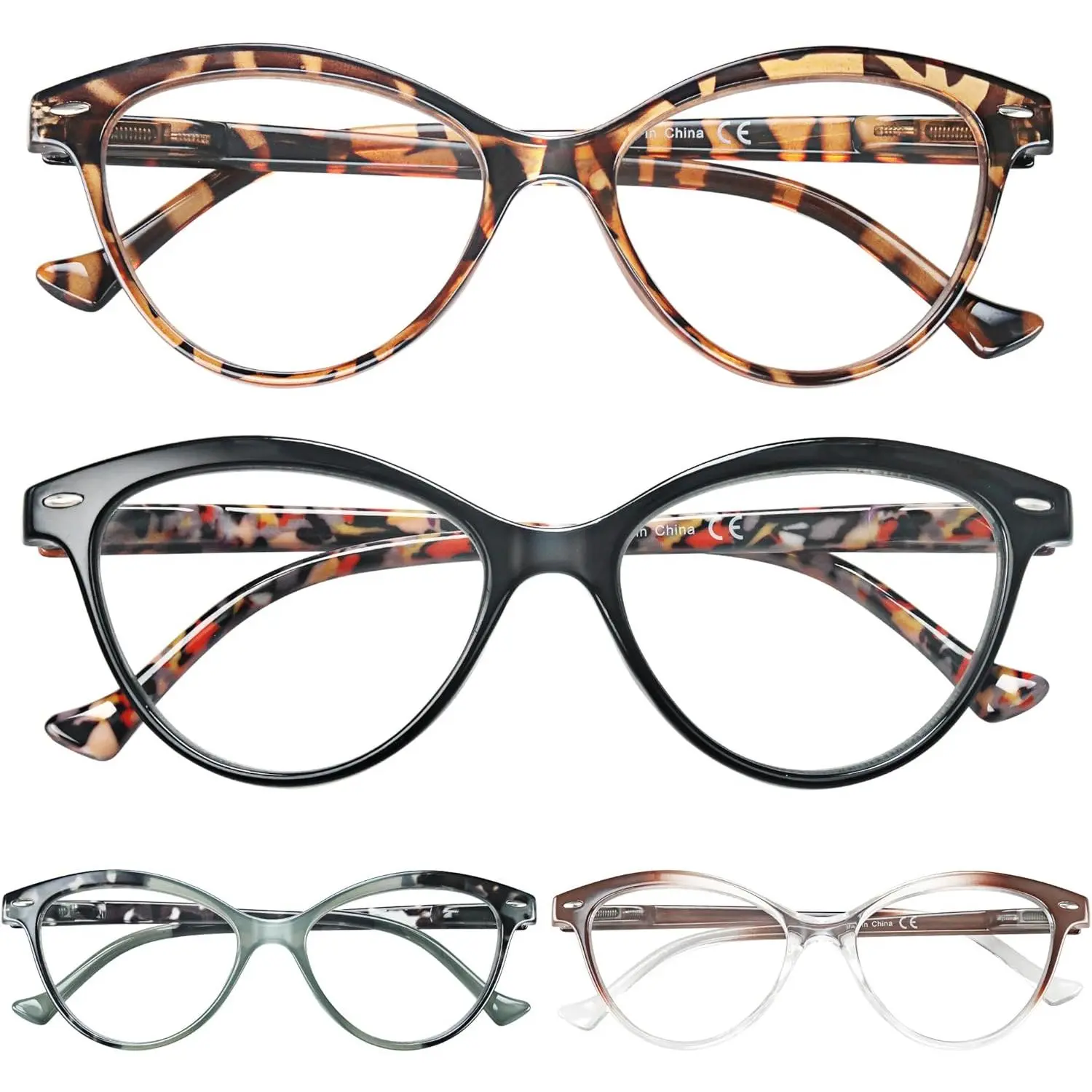 Cateye Reading Glasses for Women +2.0, 4-Pack Multi-Color Fashion Readers for Small Faces, Lightweight & Durable Eyeglasses with Spring Hinges