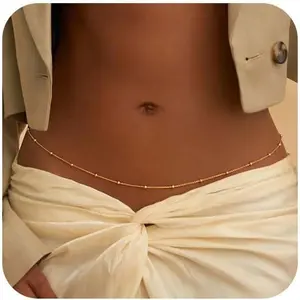 Waist Chains for Women 14K Gold Plated 2Pcs Body Chains Layered Cuban Pearl Satellite Beads Rope Coin Heart Pendant Belly Belt Body Chains Adjustable Bikini Body Jewelry for Women