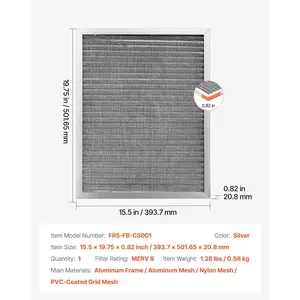 VEVOR Electrostatic Air Filter, 16x20x1 inch Washable Reusable Aluminum AC/HVAC Furnace Filter, MERV 8 Long Lifetime, Home or Office (Actual Size: 15.5x 19.75x 0.82 in)